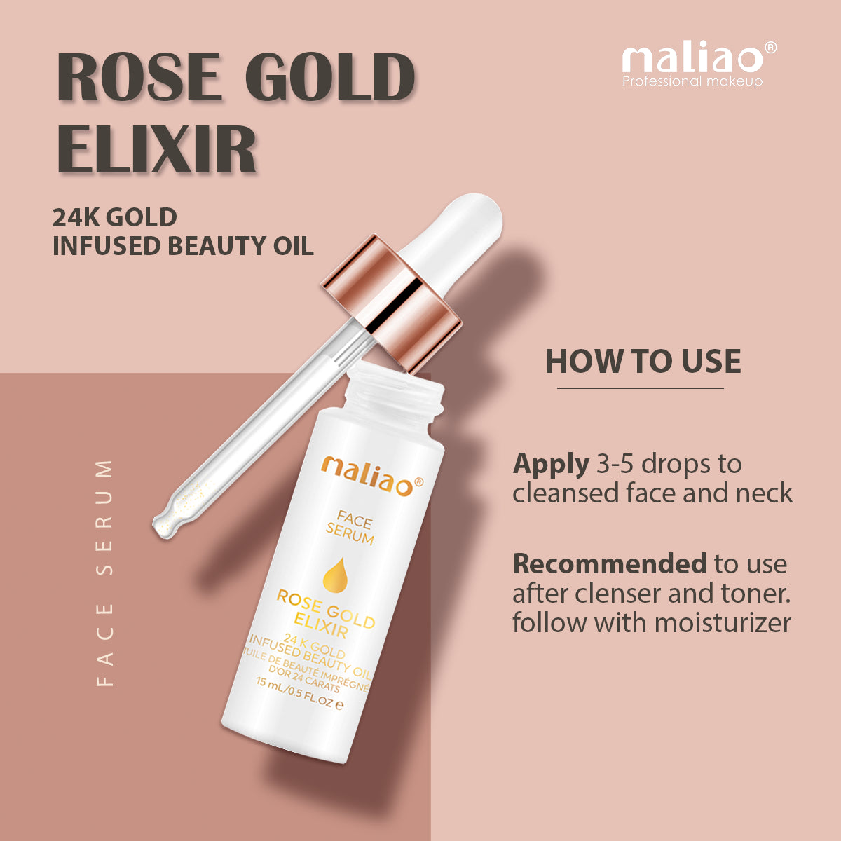 Maliao Face Serum Rose Gold Elixir - 24K Gold Infused Beauty Oil for Radiant Skin - Maliao Makeup